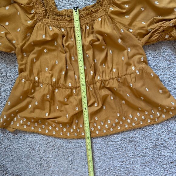 Old Navy Women Blouse 2X Ancient Gold Puff-Sleeve Smocked Embroidered Babydoll - Picture 9 of 9
